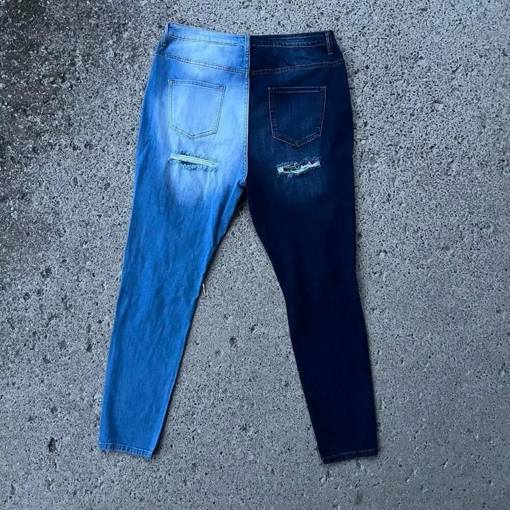 Two Tone Blue Dark Contrast Asymmetrical Jeans Size 2x NEW WITH TAGS